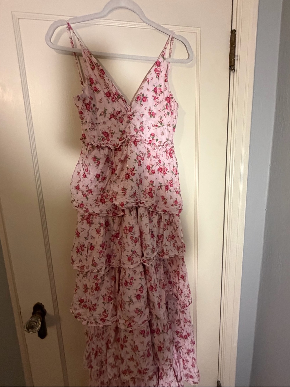 Altar'd State Pink Floral Tiered Ruffle Maxi Dress Lace Up Back L. Wrinkly.